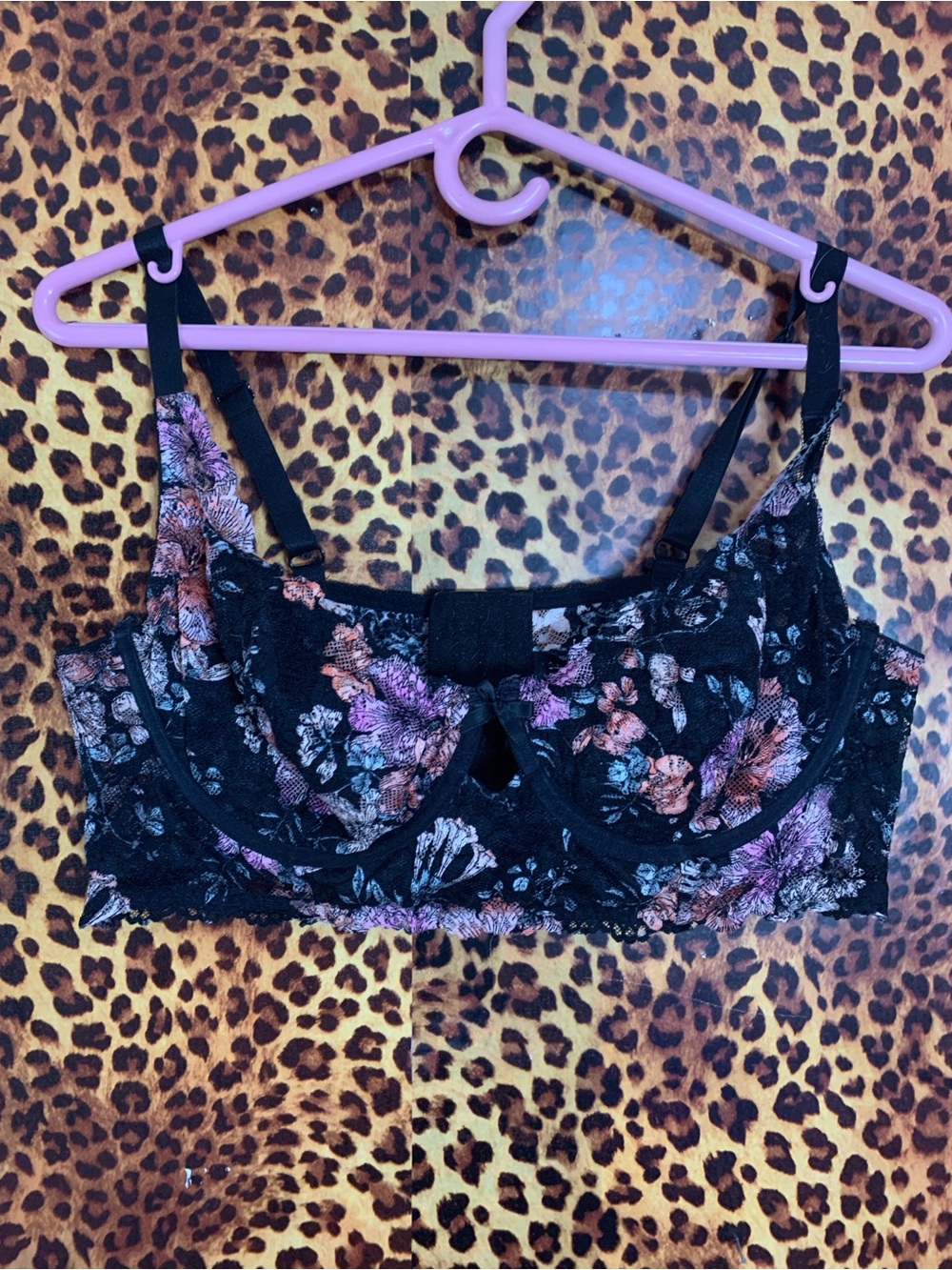 Floral Lace Underwire Bra in Black with Pink & Peach Accents